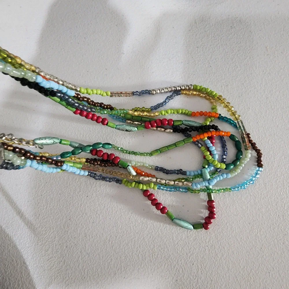 Boho Multi Strand Beaded Necklace Colorful Glass Wood Layered Bib Statement